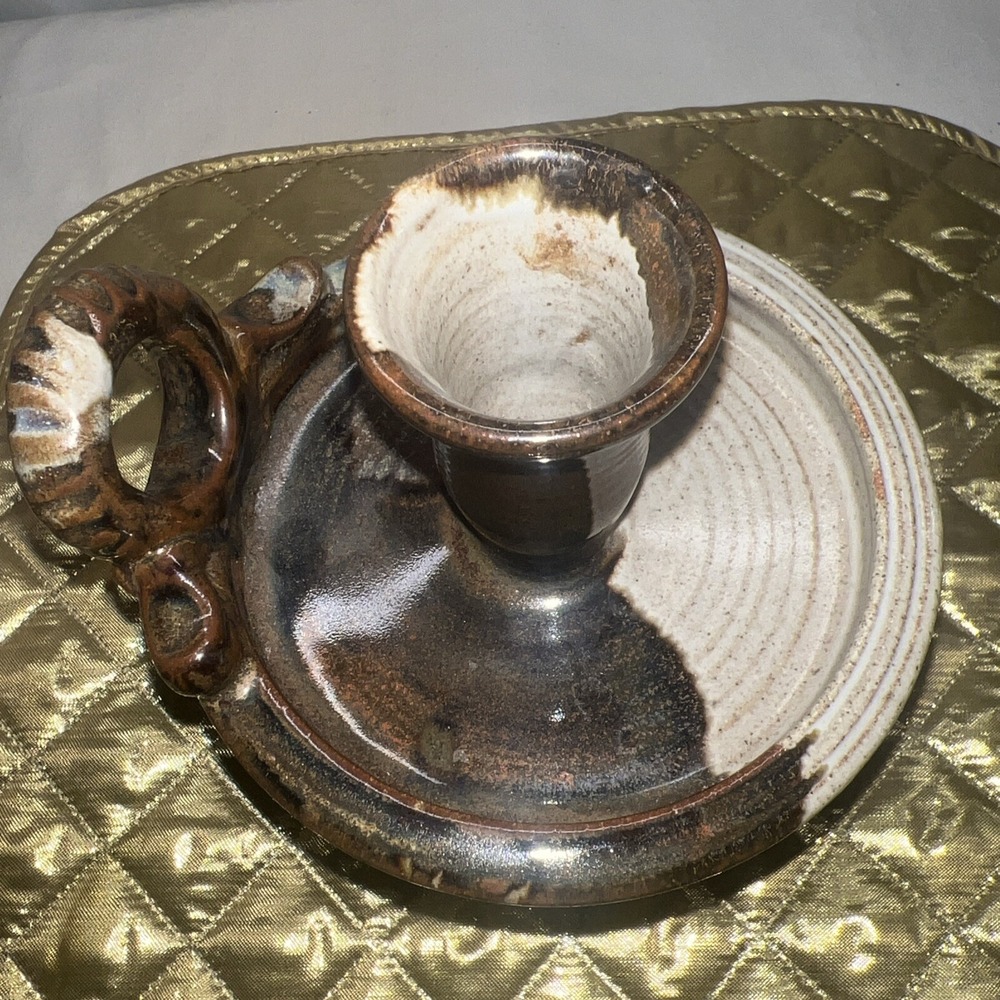 Handmade Glazed Signed Candle Stick Holder With Handle